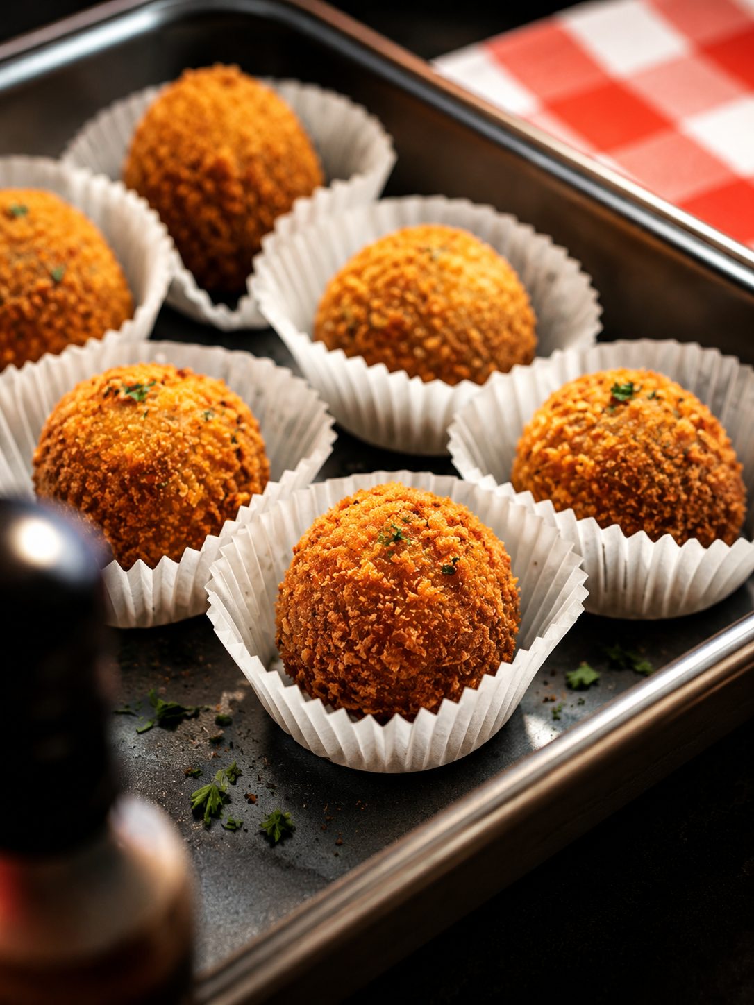 Seks sprø arancini på et mørkt brett
